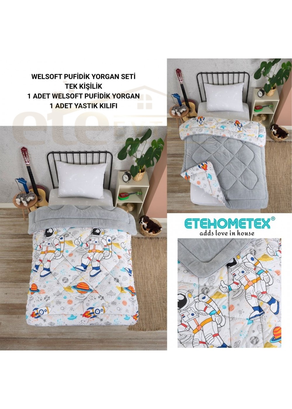 ETE HOMETEX TEK KİŞİLİK LÜX WELSOFT YORGAN ASTRONOT GRİ 155X215CM 8696474231857 ETE HOMETEX TEK KİŞİLİK LÜX WELSOFT YORGAN ASTRONOT GRİ 155X215CM 8696474231857